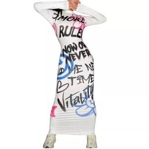 Half Heart Long Sleeve Bodycon Midi Maxi Dress Graphic Print Stretchy White